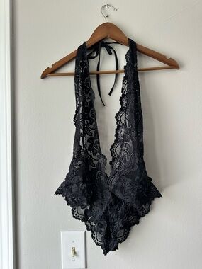 Amazon Black Lace Halter Teddy Bodysuit with Scalloped Edges